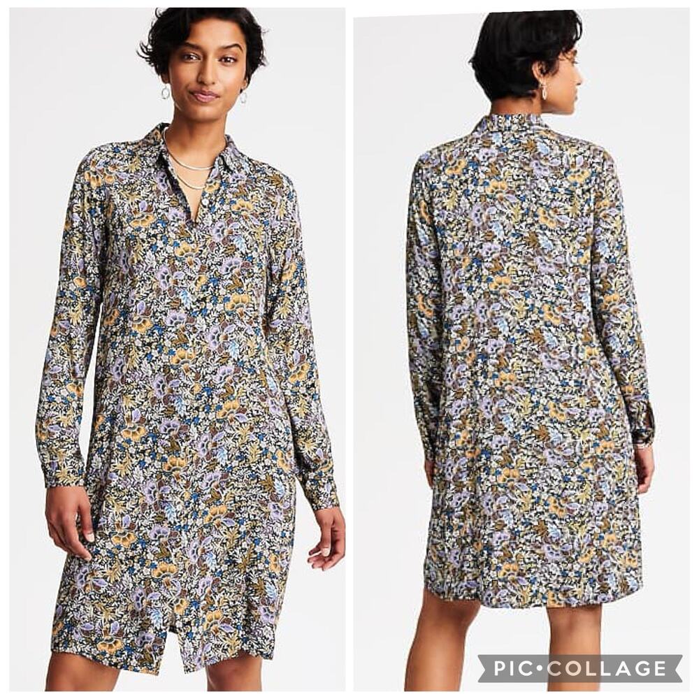 J Jill Black Floral Shirt Dress Medium Tall Full Button Long Sleeved Knee Length